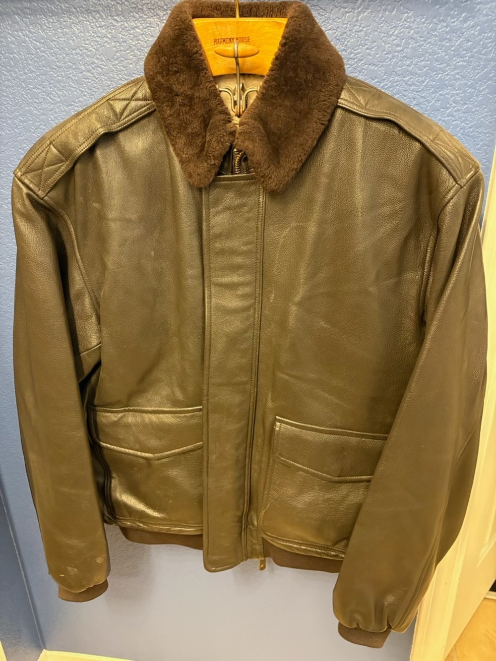 L.L. Bean Brown Leather Bomber Jacket with Shearling Collar